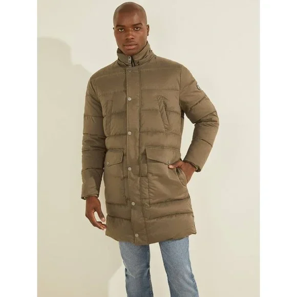 $298 Guess Men’s Alta Nylon Puffer Long Jacket With Hood In Light Brown Size XL